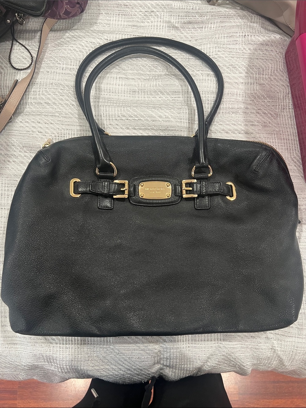 Michael Kors Black Large Leather Satchel with Gold-Tone Plaque